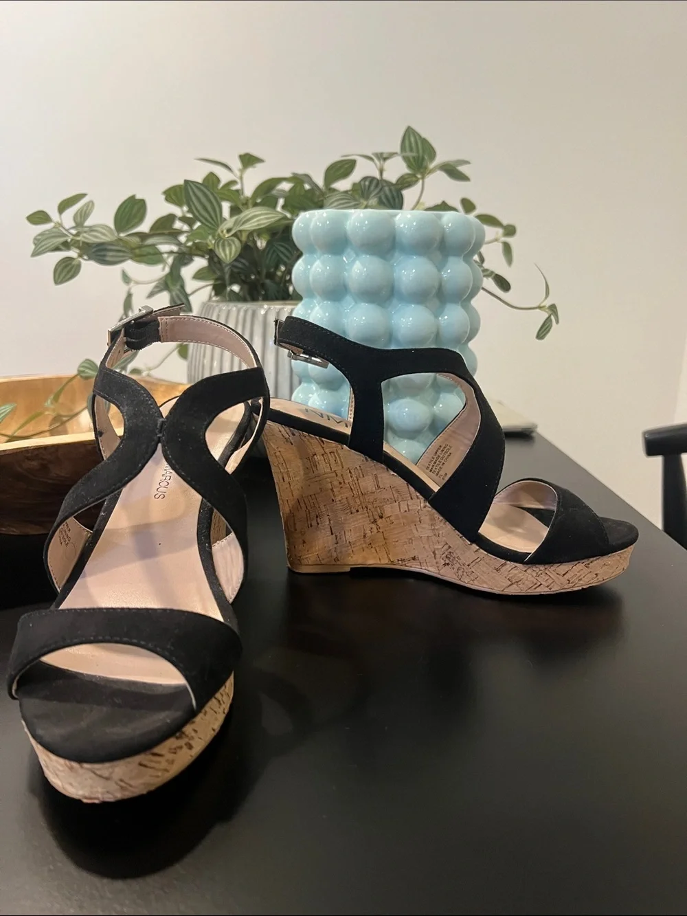 Neiman Marcus Black Suede Cork Wedge Sandals sz 6.5